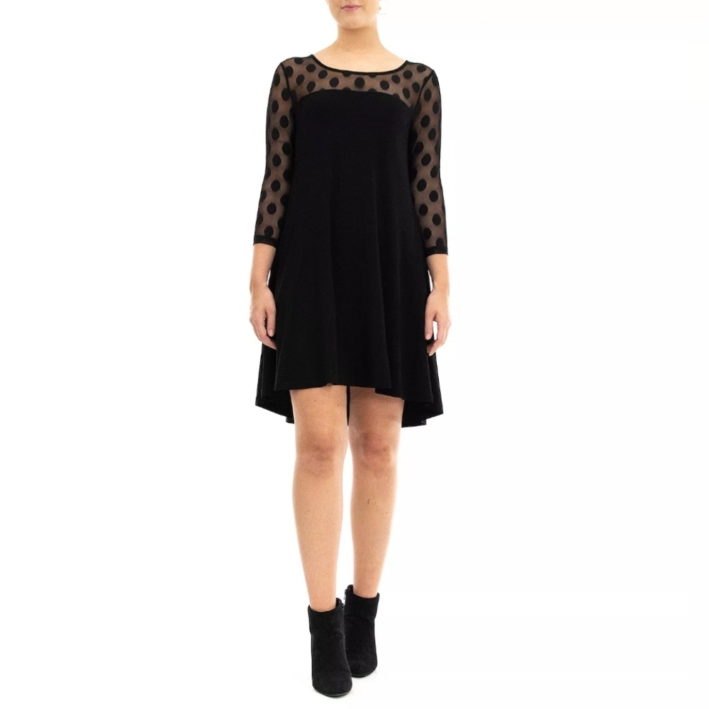 NWT Nina Leonard Black Swing High-Low Dress Polka Dot Illusion Size Medium